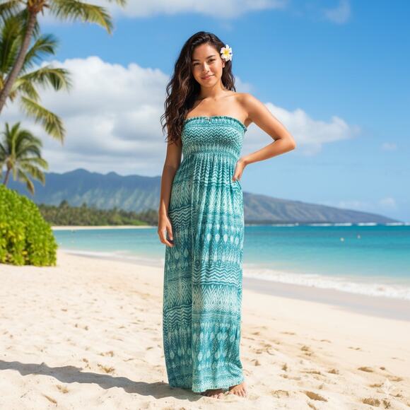NWT Tiare Hawaii Seaside Maxi Dress Smocked Strapless Fit Flare Summer One Size - Picture 1 of 16